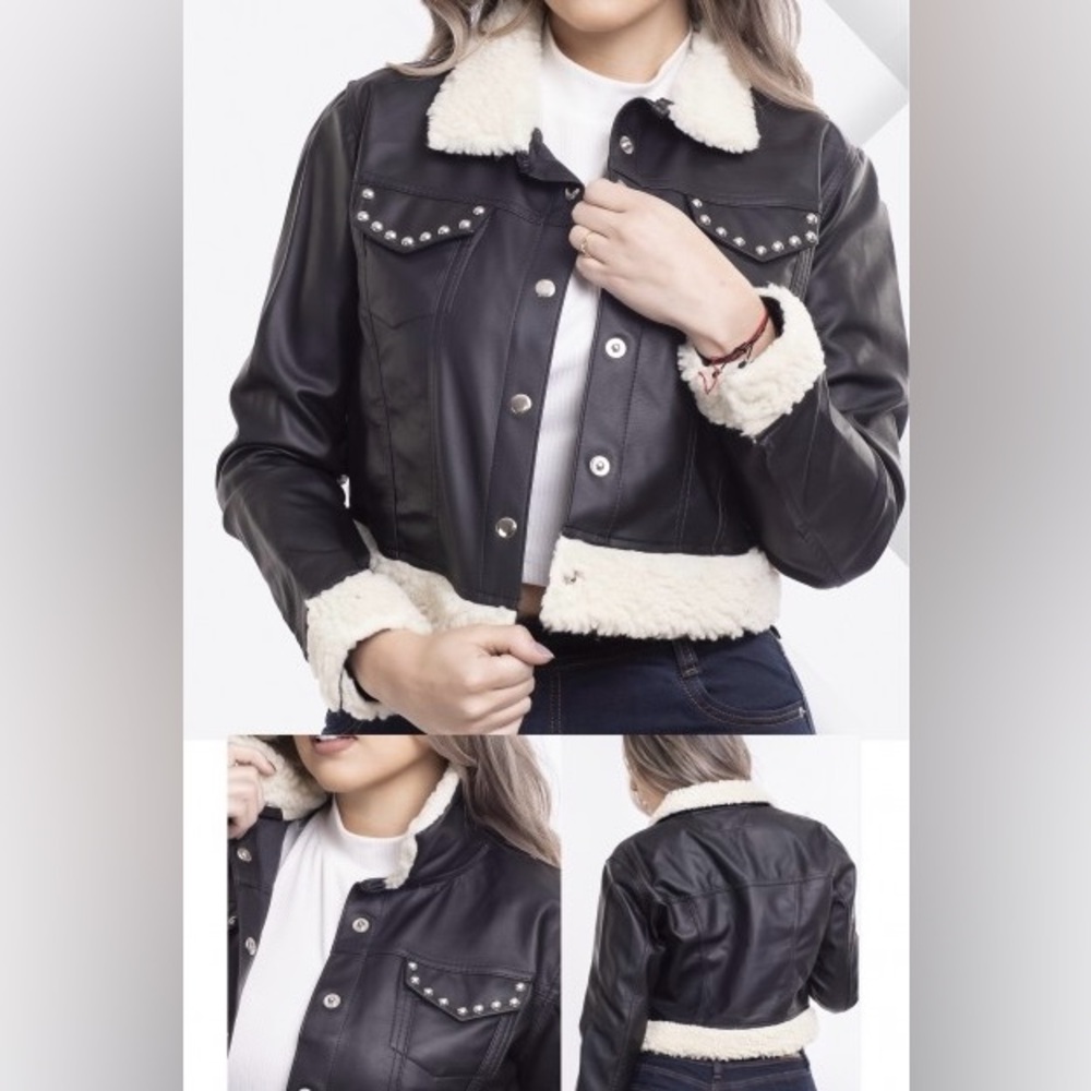 NWT 🇨🇴 STYLE Studded Black Faux Leather Jacket with White Trim. Colombian Clothi